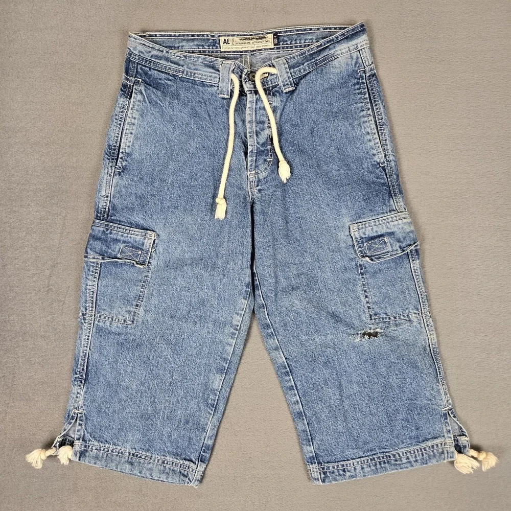 Vintage American Eagle Shorts Womens 4 Denim Cargo Drawstring Distressed Baggy